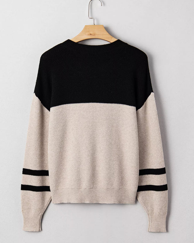 Color Block Knit Striped Sleeve Detail Casual Sweater
