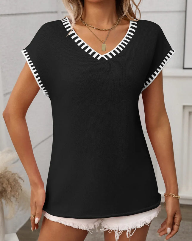 Contrast Trim V-Neck Short Sleeve Knit Top