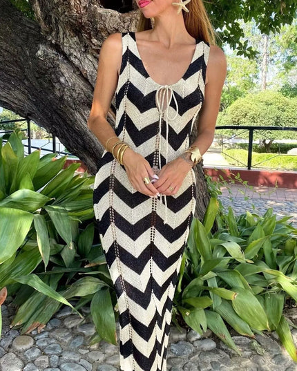 Tie Front Chevron Striped Maxi Dress Black