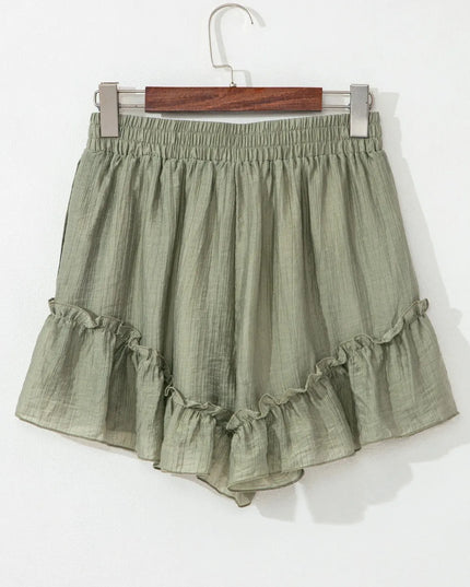 Textured Tie Waist Ruffle Hem Shorts