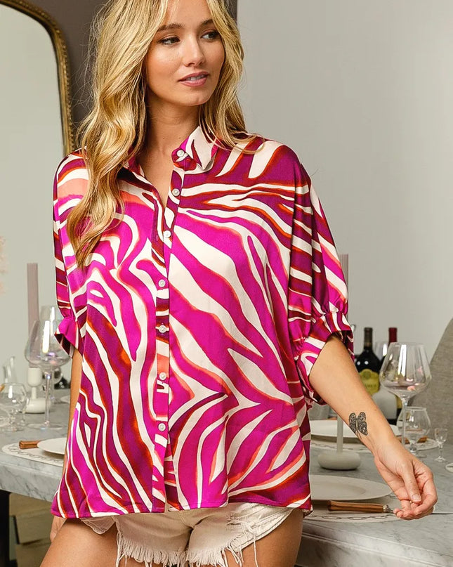 BiBi Zebra Dolman Silky Satin Shirt Top
