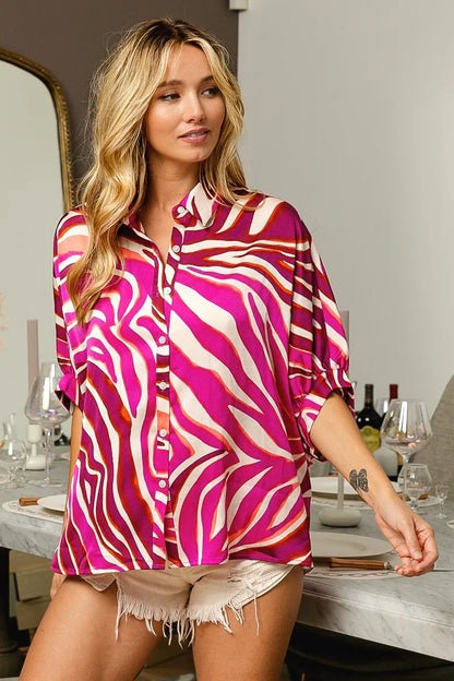 BiBi Zebra Dolman Silky Satin Shirt Top