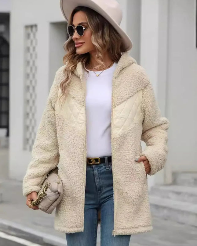 Fuzzy Zip Up Long Sleeve Hooded Jacket Cream
