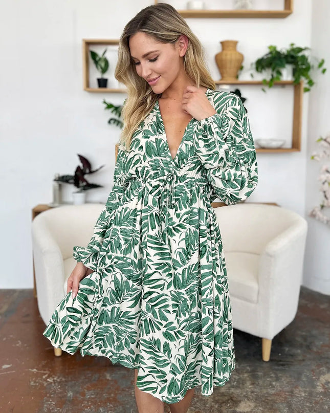 Double Take Full Size Printed Ruched Balloon Sleeve Dress