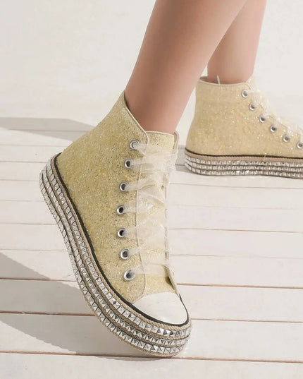 Beast Fashion Glitter Lace-Up Studded Platform Sneakers White