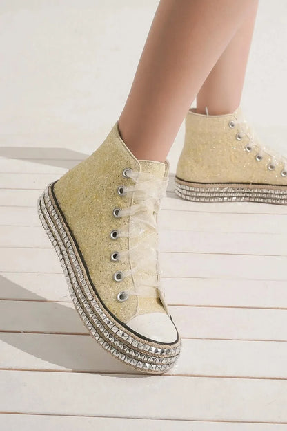 Beast Fashion Glitter Lace-Up Studded Platform Sneakers White