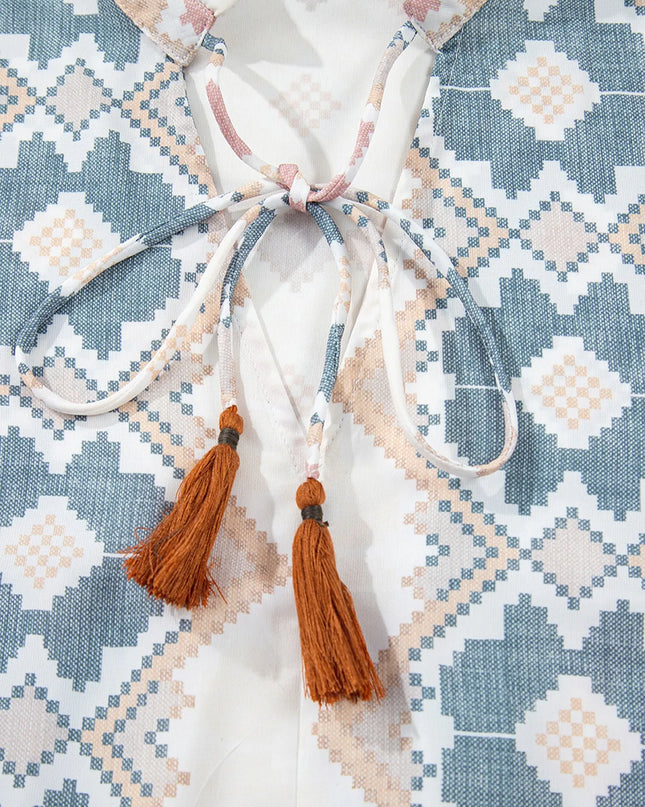 Bohemian Geometric Print Blouse with Tassel Tie