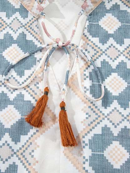 Bohemian Geometric Print Blouse with Tassel Tie
