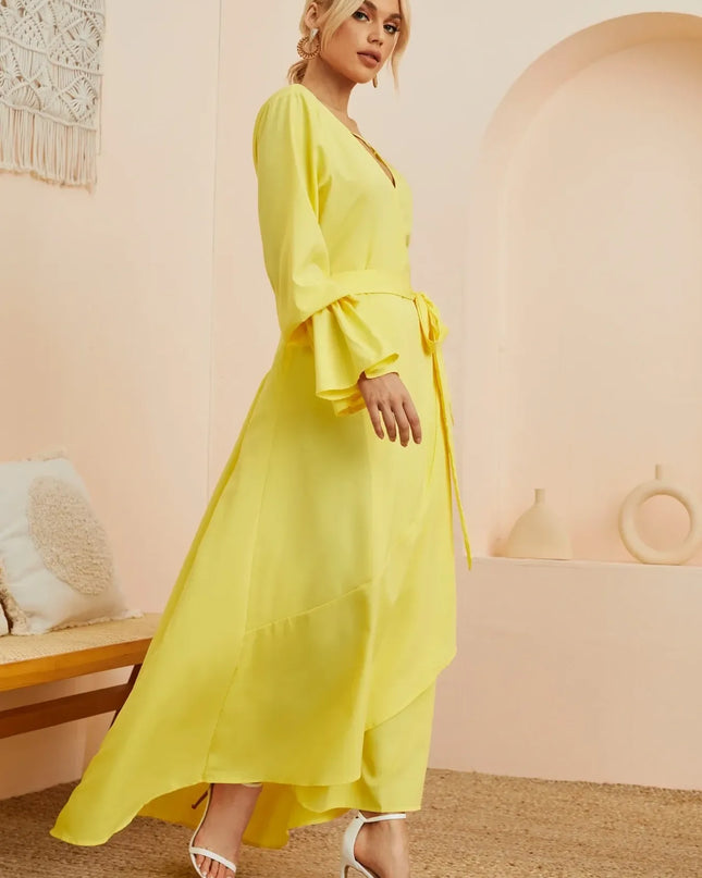 Ruffled Wrap Maxi Dress with Bell Sleeves