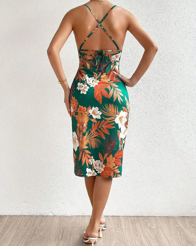 Crisscross Back Floral Print Bodycon Dress 
