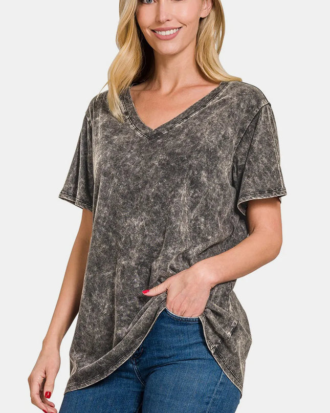 Zenana Full Size Washed Short Sleeve V-Neck T-Shirt