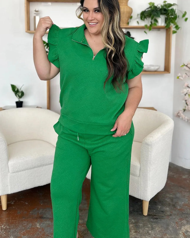Double Take Texture Ruffle Short Sleeve Top and Drawstring Wide Leg Pants Set