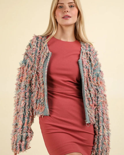 VERY J Shaggy Yarn Knit Zip Up Jacket Green Multi