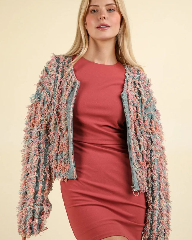 VERY J Shaggy Yarn Knit Zip Up Jacket Green Multi