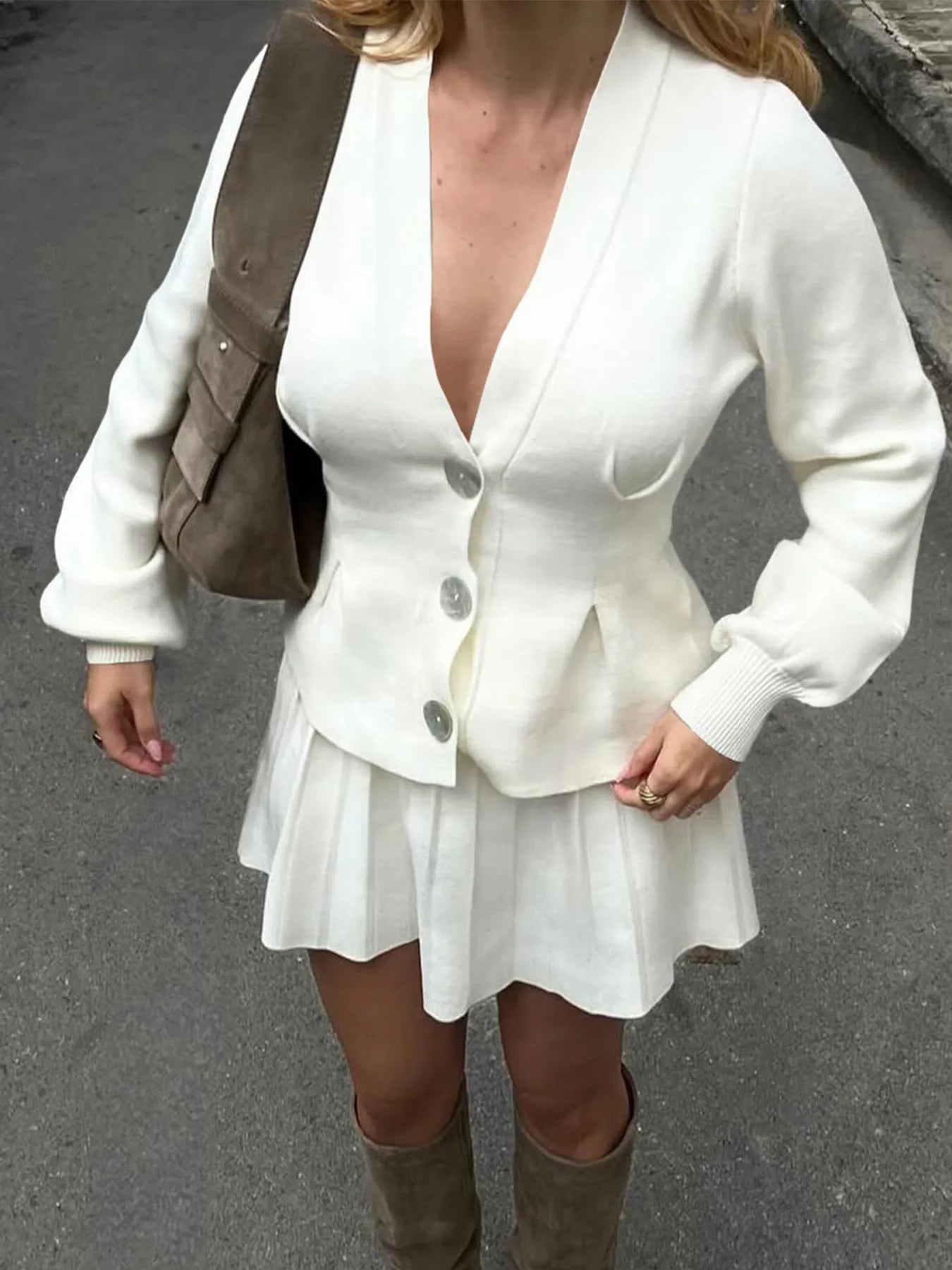 Button-Up V-Neck Knit Cardigan White