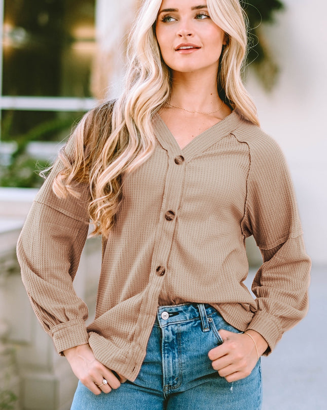 Button Down V-Neck Waffle Knit Shirt Khaki