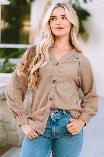 Button Down V-Neck Waffle Knit Shirt Khaki