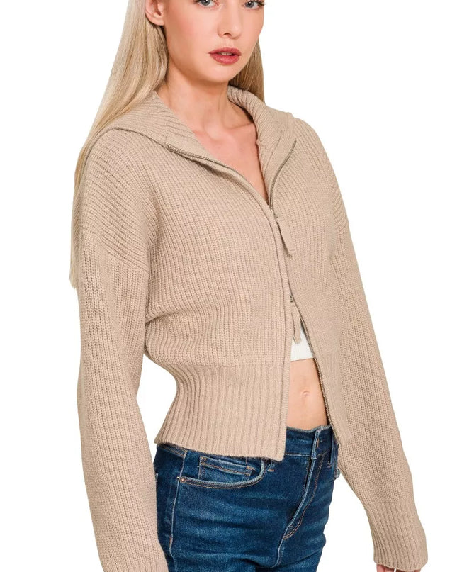 Zenana Ribbed Collared Zip Up Sweater Cardigan