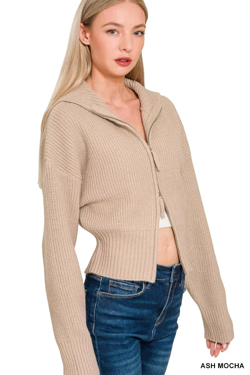 Zenana Ribbed Collared Zip Up Sweater Cardigan