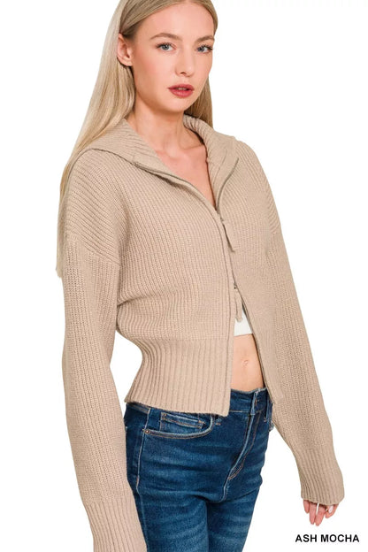 Zenana Ribbed Collared Zip Up Sweater Cardigan