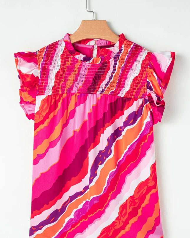 Abstract Print Shirred Yoke Ruffled Blouse