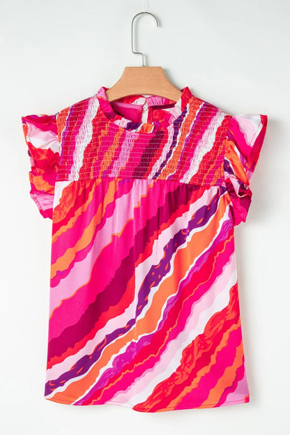 Abstract Print Shirred Yoke Ruffled Blouse