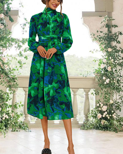 Abstract Floral Print Long Sleeve Midi Dress in Green Green S