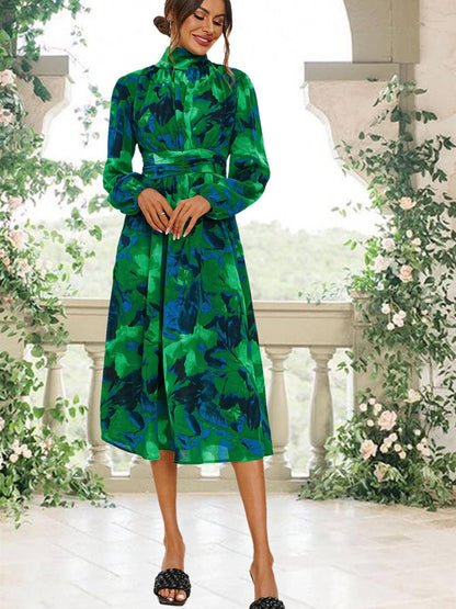 Abstract Floral Print Long Sleeve Midi Dress in Green Green S