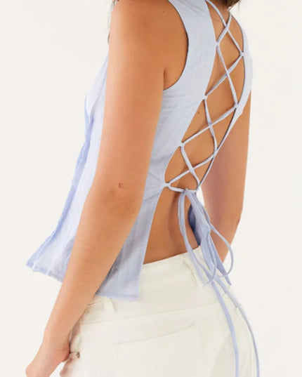 Back Lace Up Sleeveless Top with Cinched Waist Design