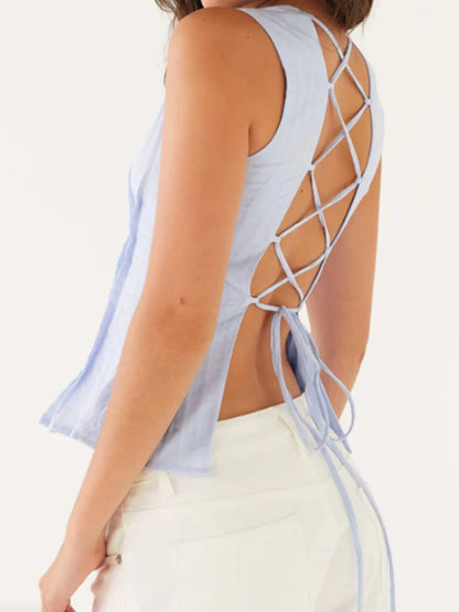 Back Lace Up Sleeveless Top with Cinched Waist Design