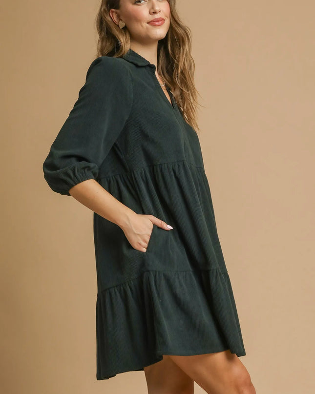 Umgee Tiered Johnny Collar Balloon Sleeve Dress