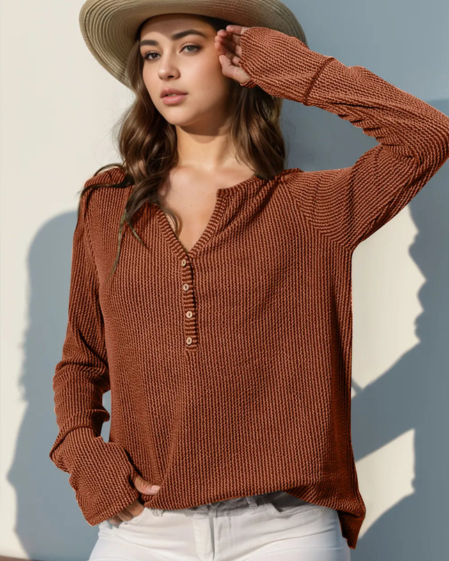 Double Take Full Size Notched Thumbhole Long Sleeve T-Shirt Caramel