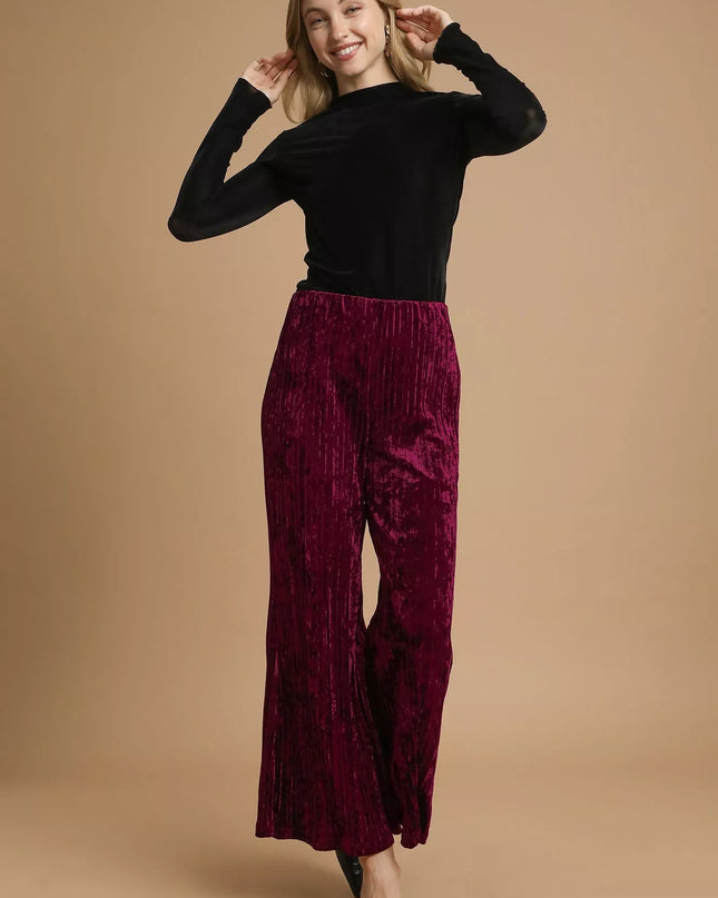Umgee Velvet Pleated Wide Leg Pants