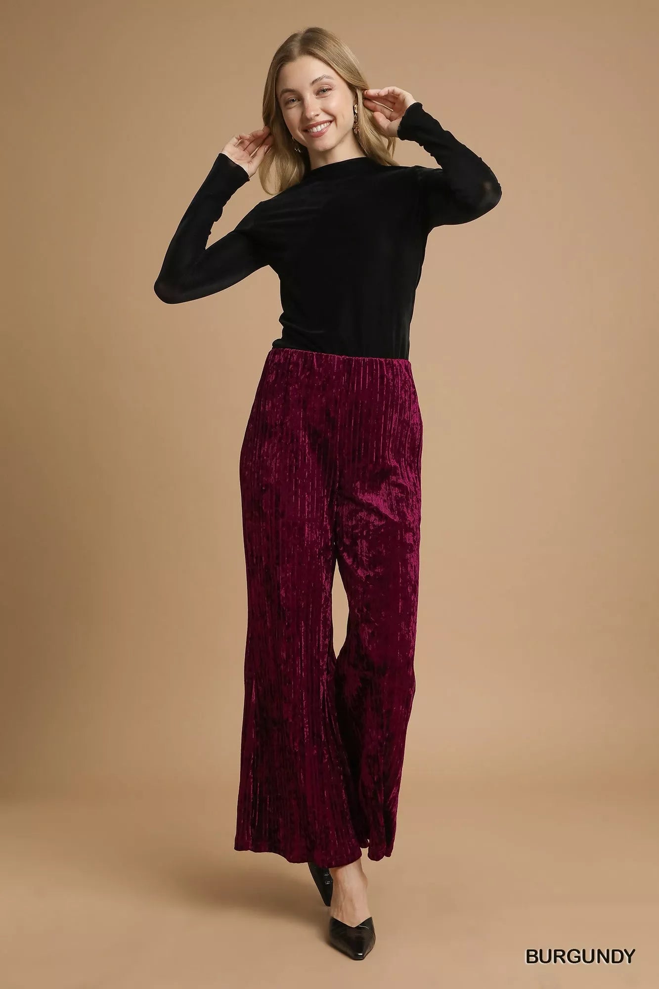 Umgee Velvet Pleated Wide Leg Pants