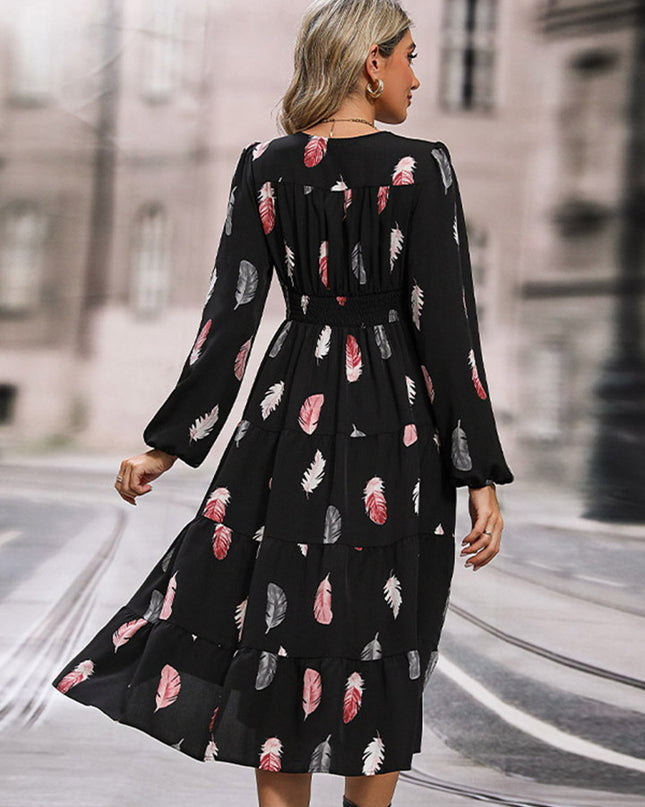 Perfee Printed V-Neck Slit Dress 