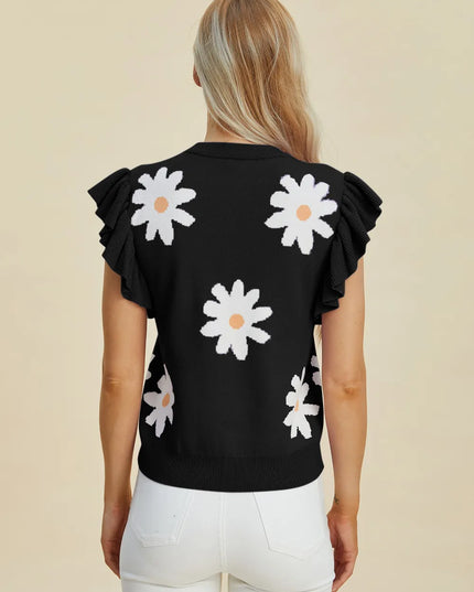 Double Take Full Size Ruffled Flower Round Neck Cap Sleeve Sweater