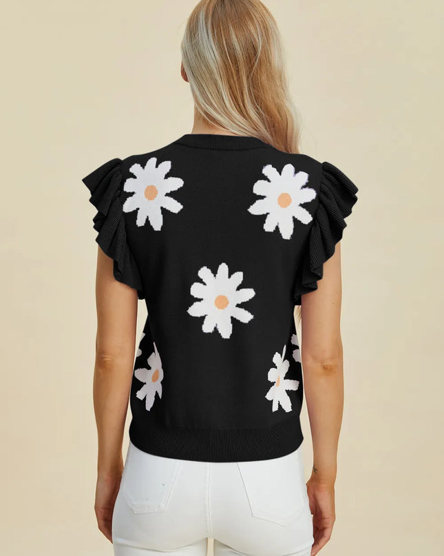 Double Take Full Size Ruffled Flower Round Neck Cap Sleeve Sweater
