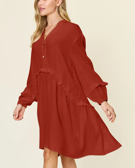 Double Take Full Size Texture Half Button Ruffle Trim Dress