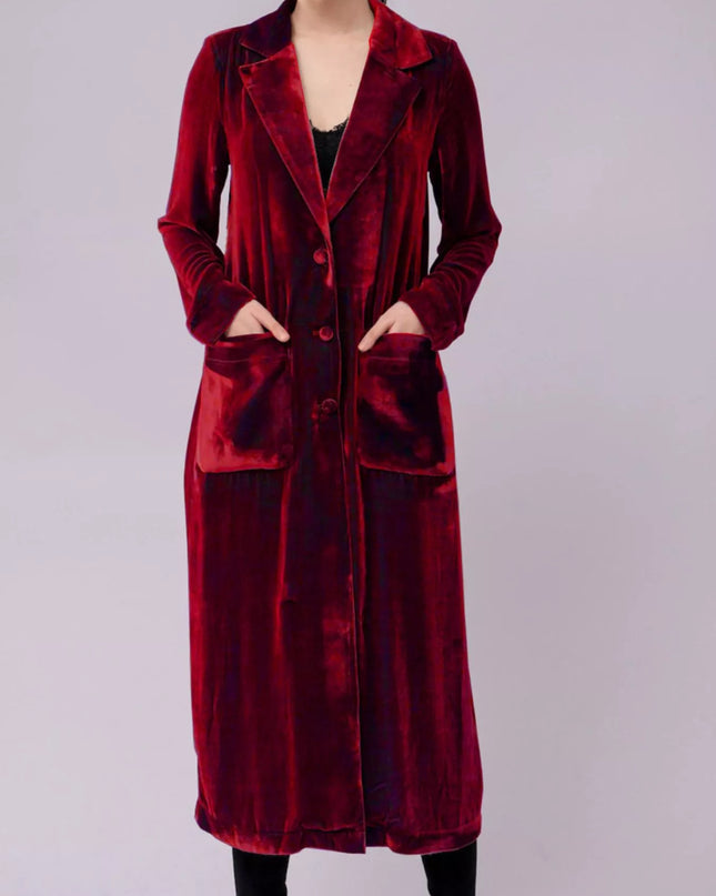 Velvet Lapel Collar Longline Coat