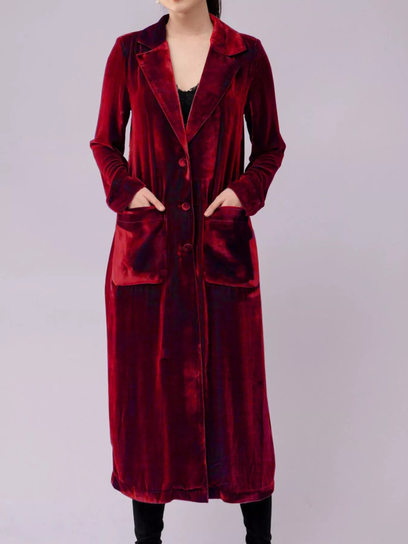 Velvet Lapel Collar Longline Coat