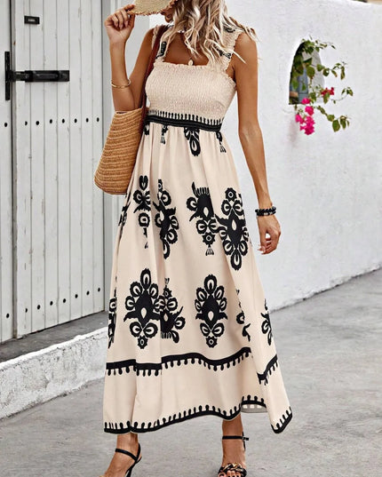 Smocked Printed Wide Strap Maxi Dress 