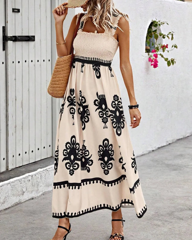 Smocked Printed Wide Strap Maxi Dress 