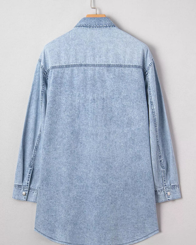 Chest Pocket Raw Hem Denim Loose Shirt Dress