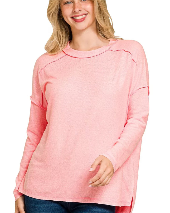 Zenana Full Size Melange Hacci Exposed Seam Hi-low Tee Plus Size