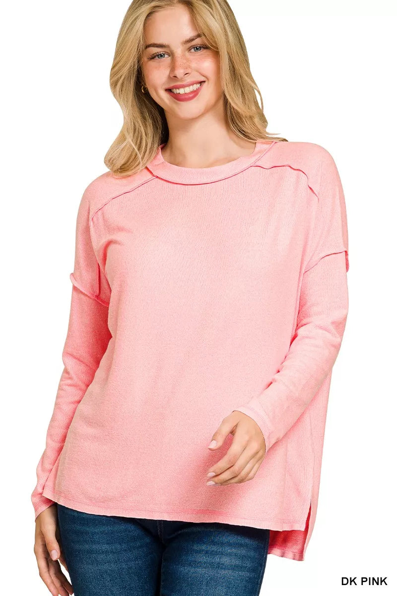 Zenana Full Size Melange Hacci Exposed Seam Hi-low Tee Plus Size