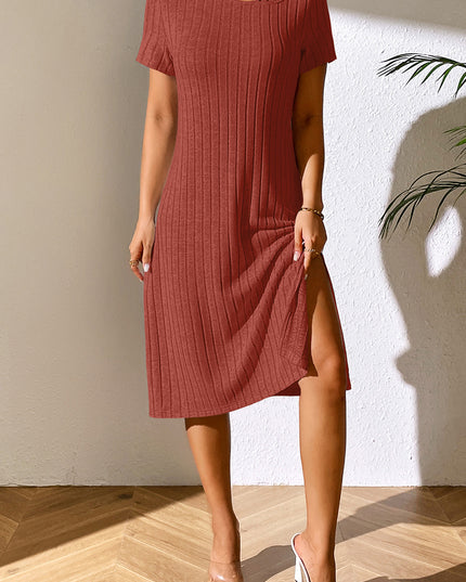 Ivy Lane Ribbed Asymmetrical Neck Short Sleeve Dress