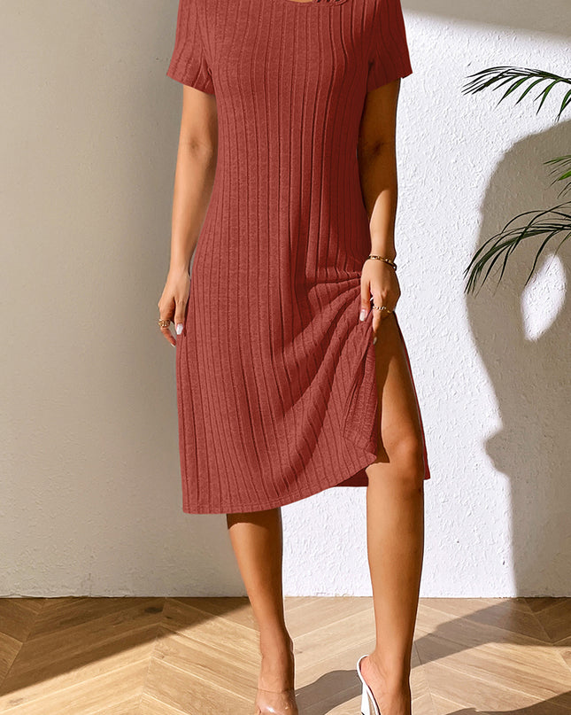 Ivy Lane Ribbed Asymmetrical Neck Short Sleeve Dress
