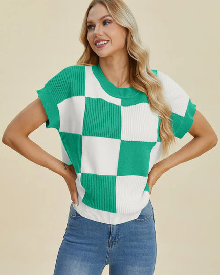 Double Take Full Size Checkered Round Neck Short Sleeve Sweater