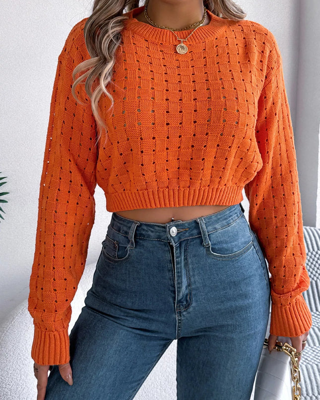 Cutout Back Openwork Round Neck Long Sleeve Sweater