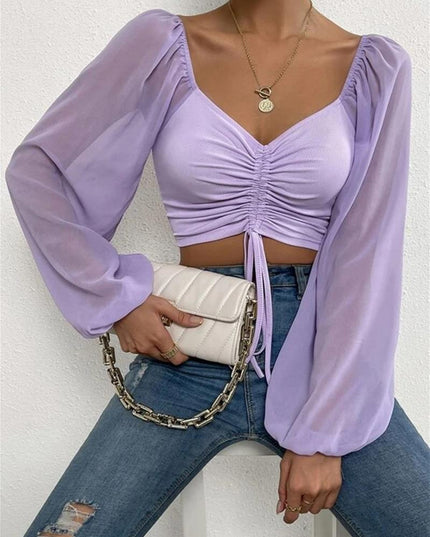Drawstring Sweetheart Neck Cropped Top Lavender